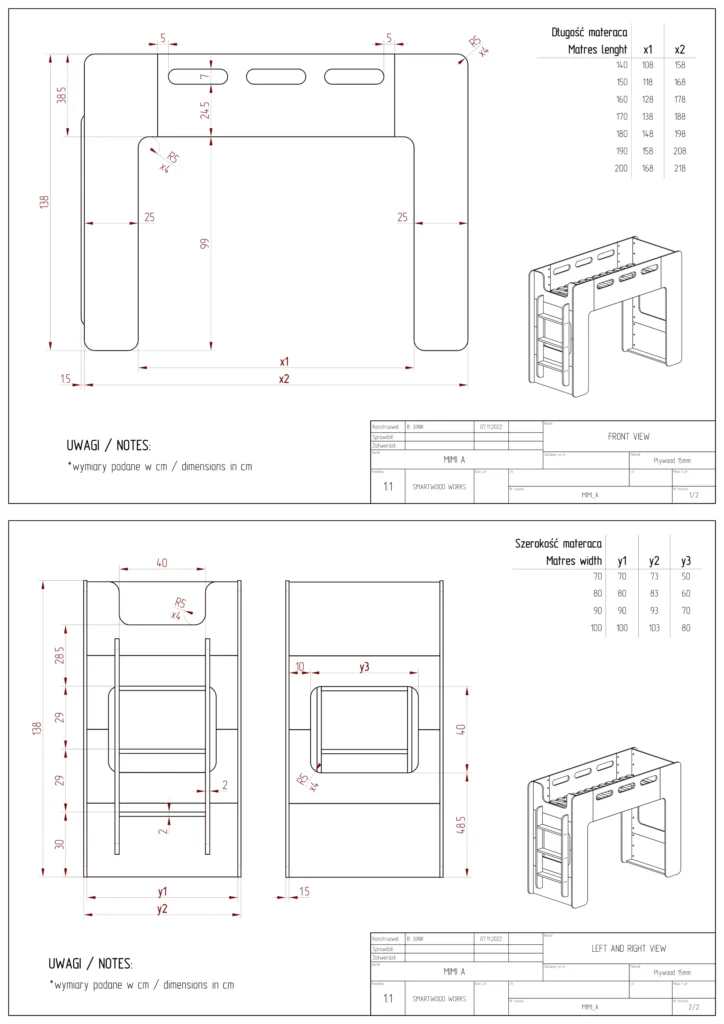Dessin technique du lit superposé MIMI A