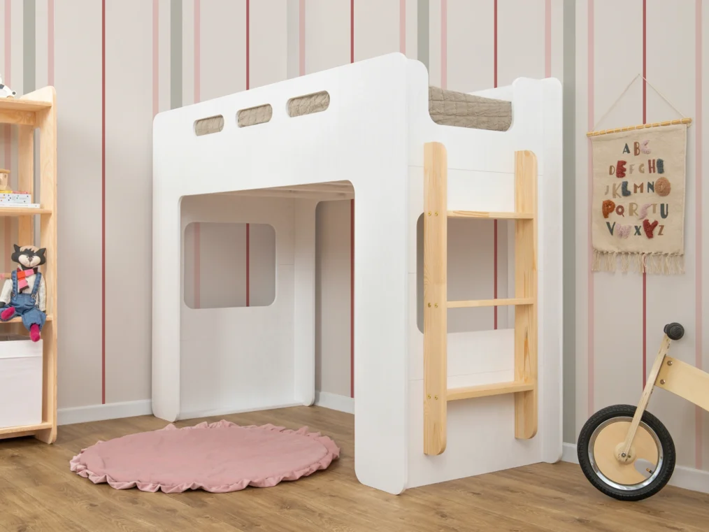 Lit mezzanine en bois fabriqué en contreplaqué de pin couleur blanc