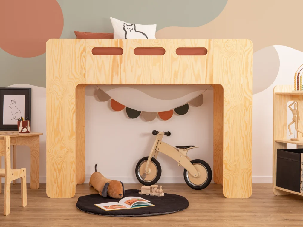 Lit mezzanine en bois fabriqué en contreplaqué de pin couleur bois laqué