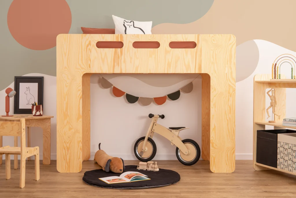 Lit mezzanine en bois fabriqué en contreplaqué de pin couleur bois laqué