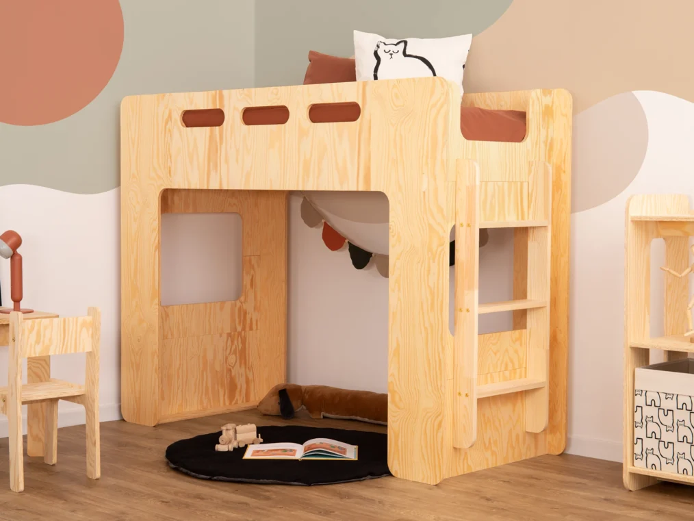 Lit mezzanine en bois fabriqué en contreplaqué de pin couleur bois laqué