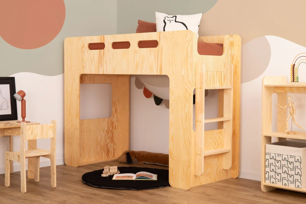 Lit mezzanine en bois fabriqué en contreplaqué de pin couleur bois laqué
