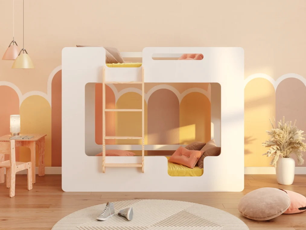 Lit superposé en bois fabriqué en contreplaqué de pin couleur blanc avec une échelle sur le côté gauche