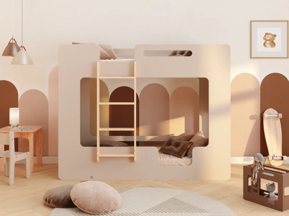 Lit superposé en bois fabriqué en contreplaqué de pin couleur cachemire avec une échelle sur le côté gauche