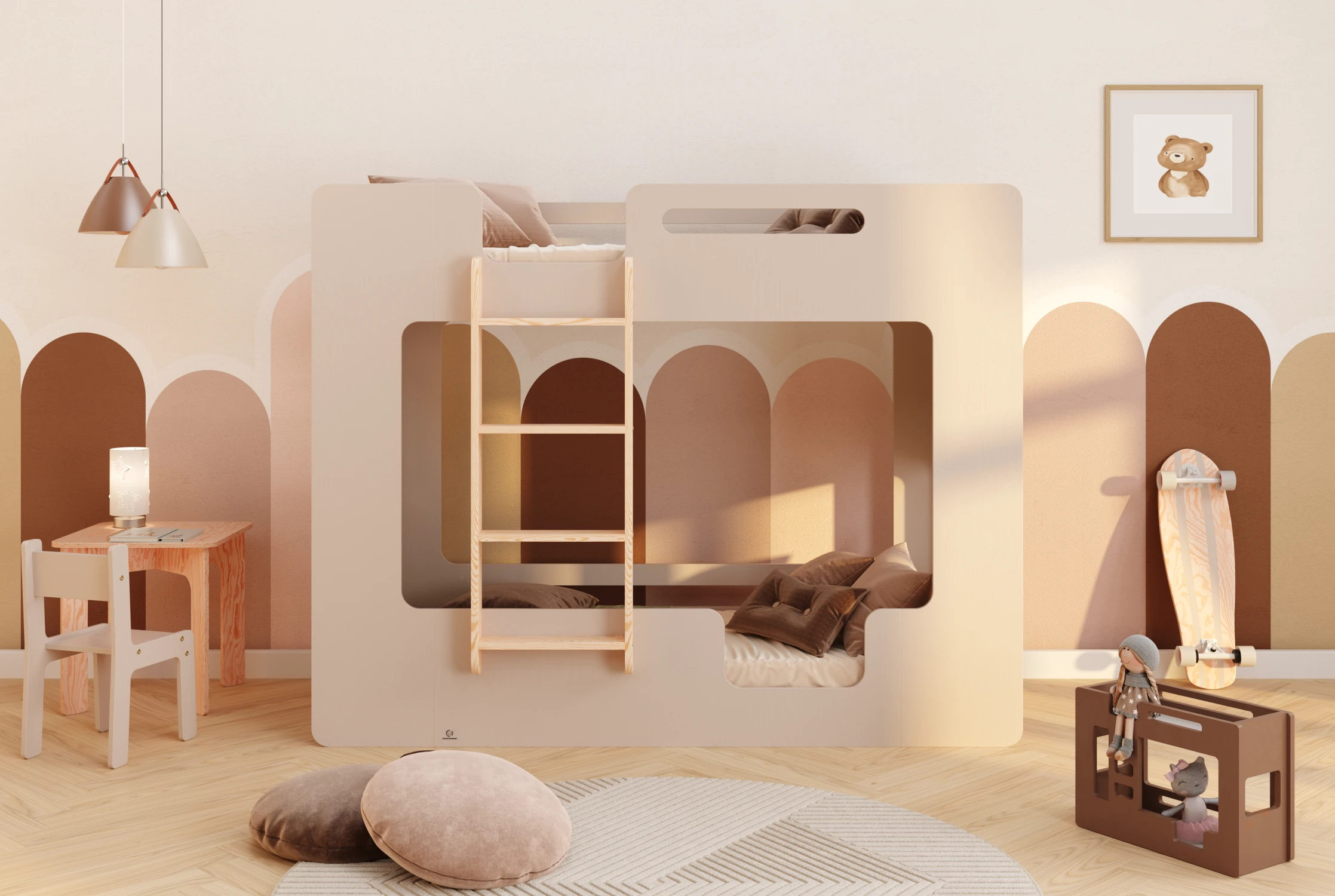 Lit superposé en bois fabriqué en contreplaqué de pin couleur cachemire avec une échelle sur le côté gauche