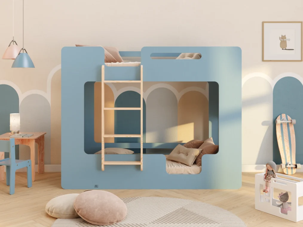 Lit superposé en bois fabriqué en contreplaqué de pin couleur bleu avec une échelle sur le côté gauche