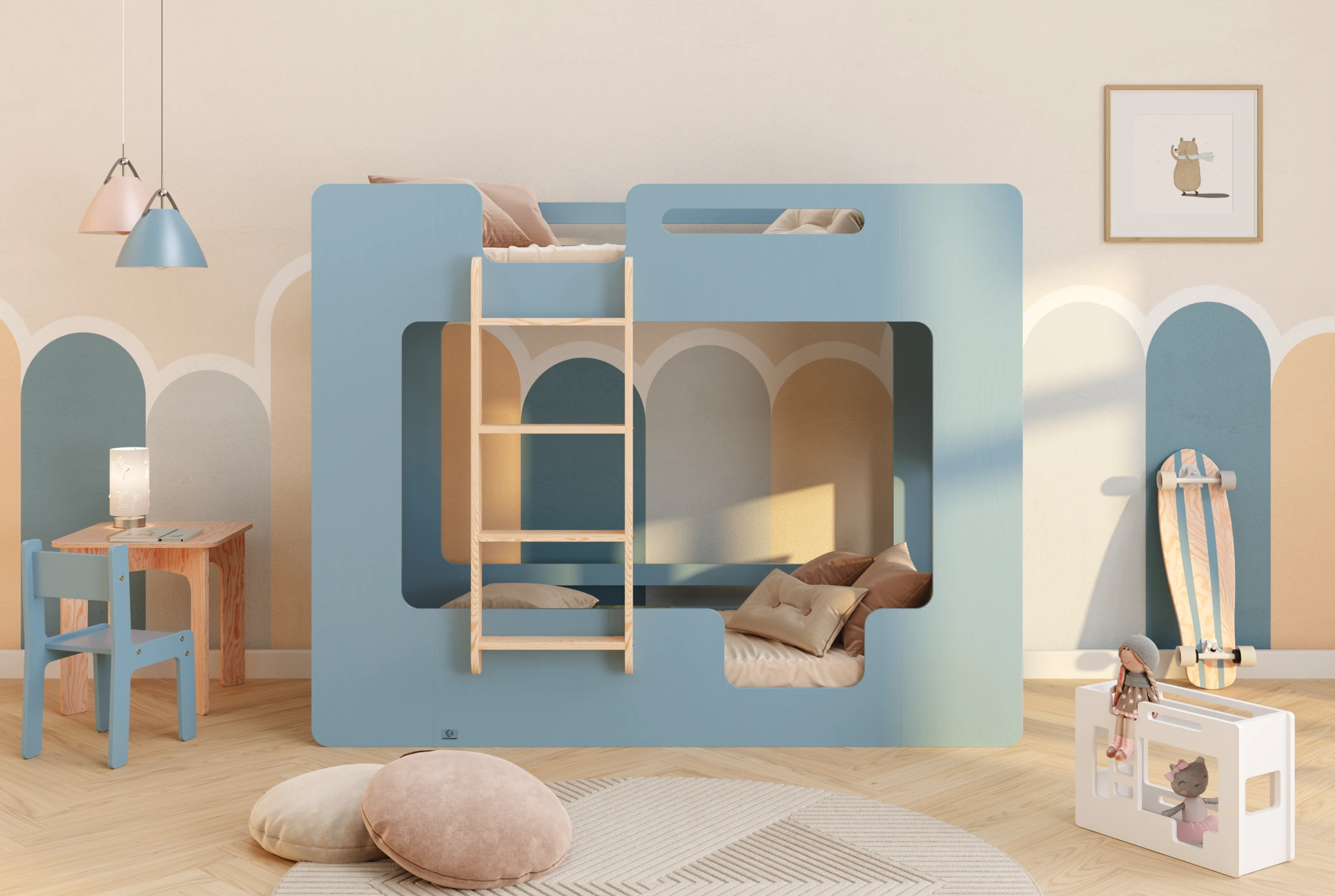 Lit superposé en bois fabriqué en contreplaqué de pin couleur bleu avec une échelle sur le côté gauche