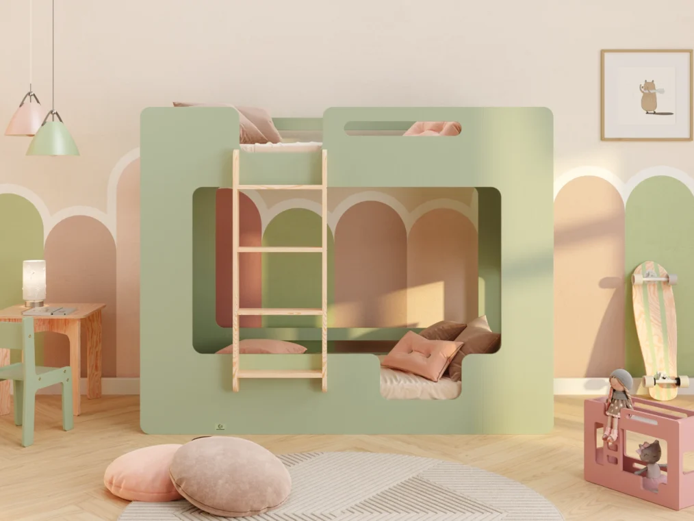 Lit superposé en bois fabriqué en contreplaqué de pin couleur vert avec une échelle sur le côté gauche