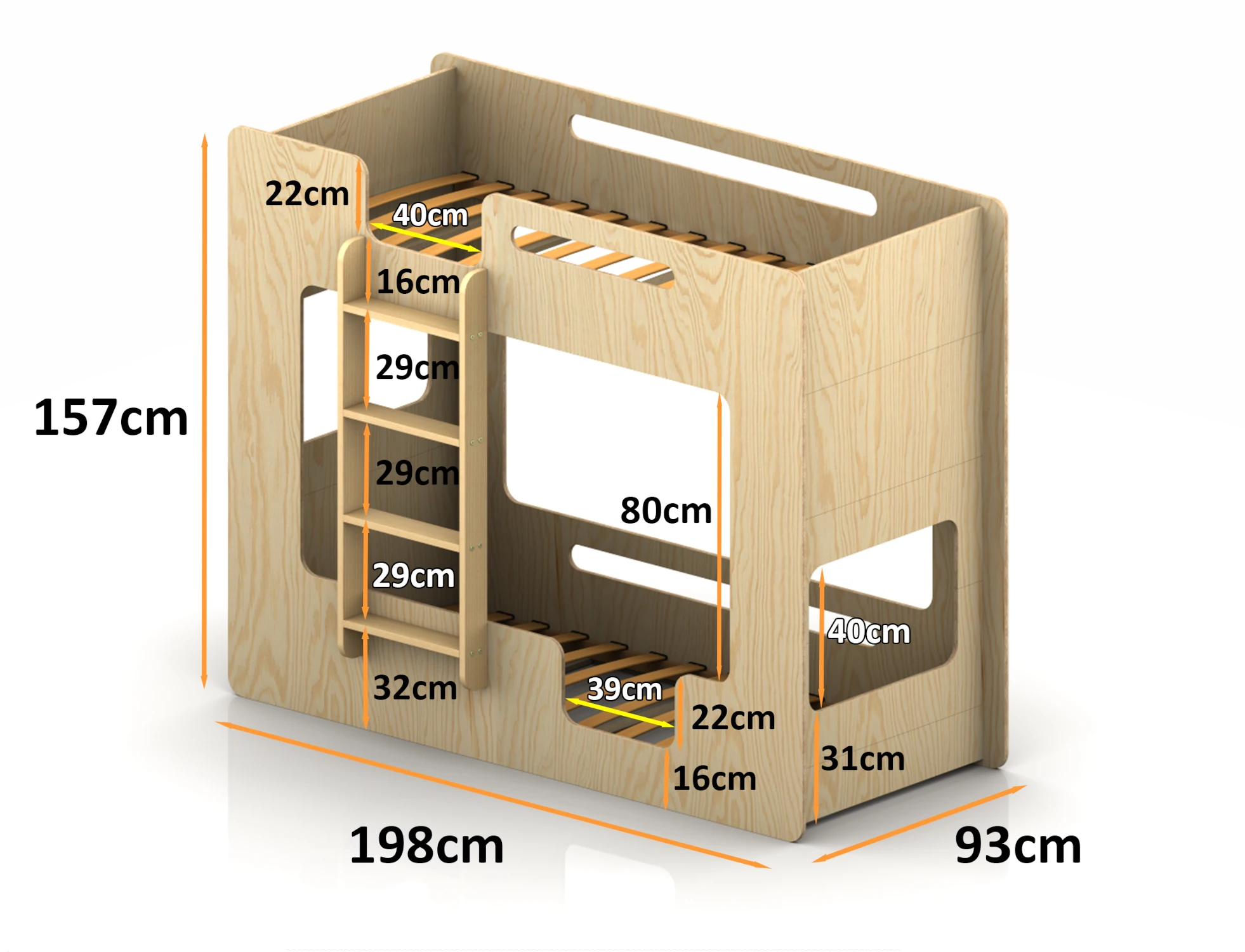 Dimensions du lit superposé en bois pour enfants MIMI B