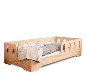 Lit en bois fabriqué en contreplaqué de pin couleur bois naturel avec entrée à gauche