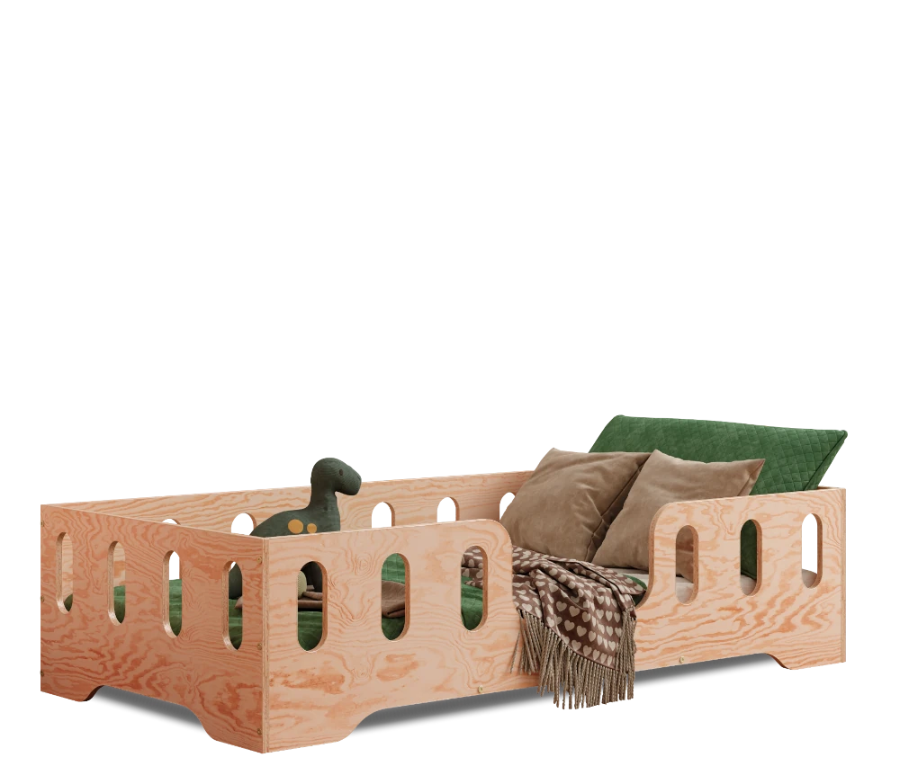 Lit en bois fabriqué en contreplaqué de pin de couleur bois naturel avec une entrée latérale