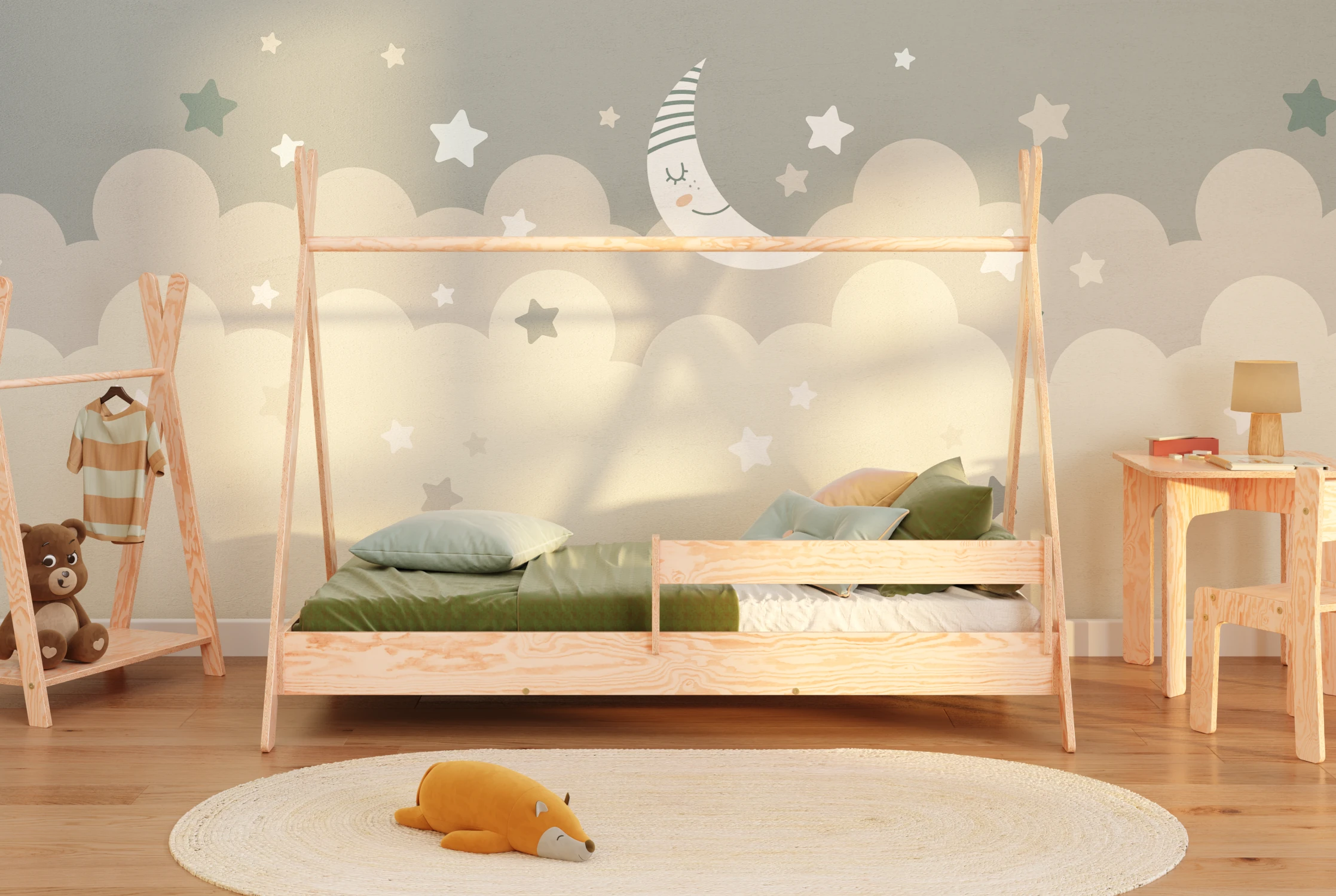 Lit cabane en bois pour enfant avec barrière de sécurité et sommier TIPI Montessori