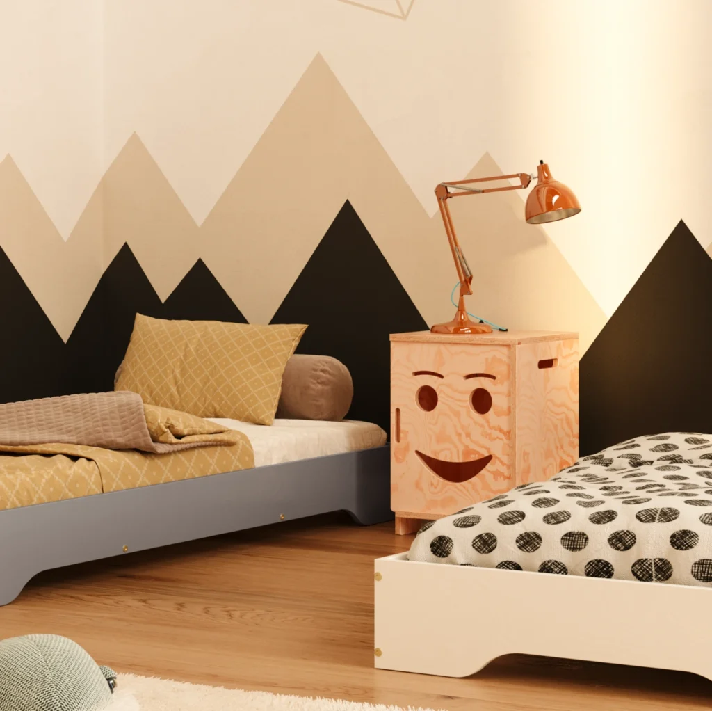 Armoire en bois avec des portes en forme de visage souriant s’ouvrant vers la gauche