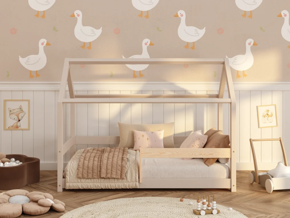 Lit en bois pour enfants en forme de maison fabriqué en bois de pin de couleur cachemire avec des barrières latérales