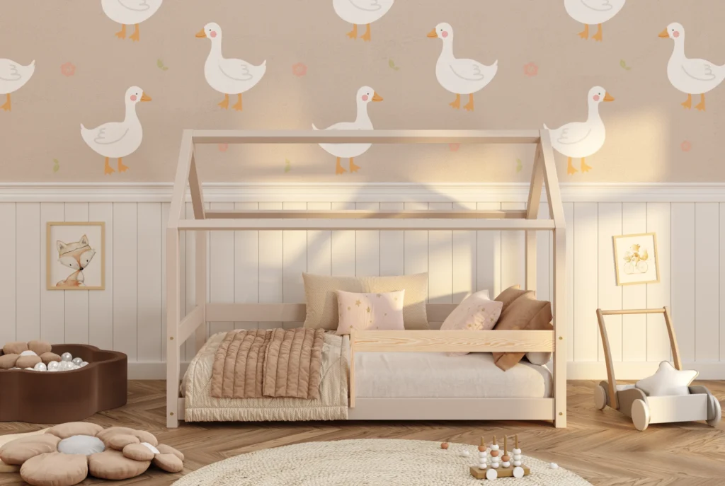 Lit en bois pour enfants en forme de maison fabriqué en bois de pin de couleur cachemire avec des barrières latérales