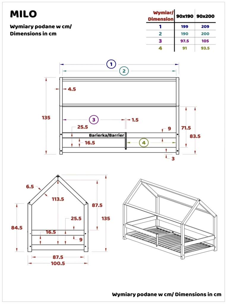 Dessin technique d'un lit cabane MILO