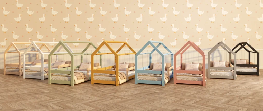 Lits pour enfants en bois de pin en forme de maison disponibles en différentes couleurs avec des barrières latérales