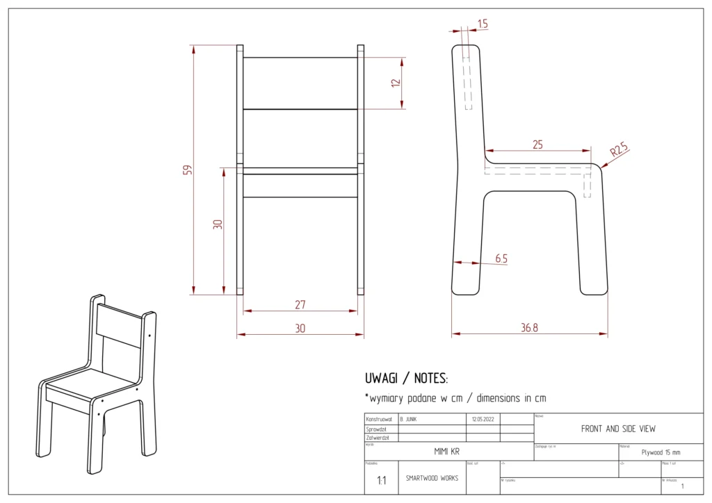 Dessin technique de la chaise pour enfants MIMI KR