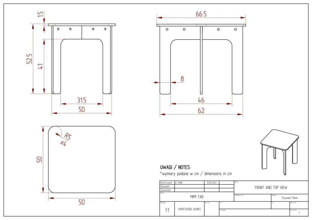 Plan technique de la table pour enfants MIMI TAB