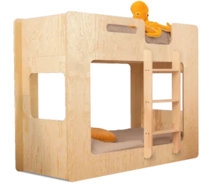 Lit superposé en bois contreplaqué de pin de couleur bois naturel avec une échelle à droite