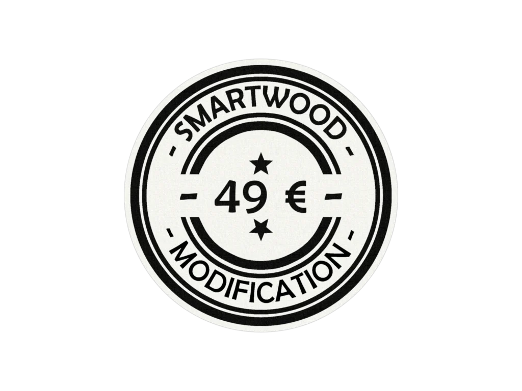 Étiquette noire et blanche avec les inscriptions Smartwood modification et 49€