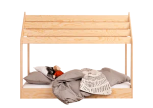 Lit pour enfant en forme de maisonnette fabriqué en contreplaqué de pin couleur bois naturel