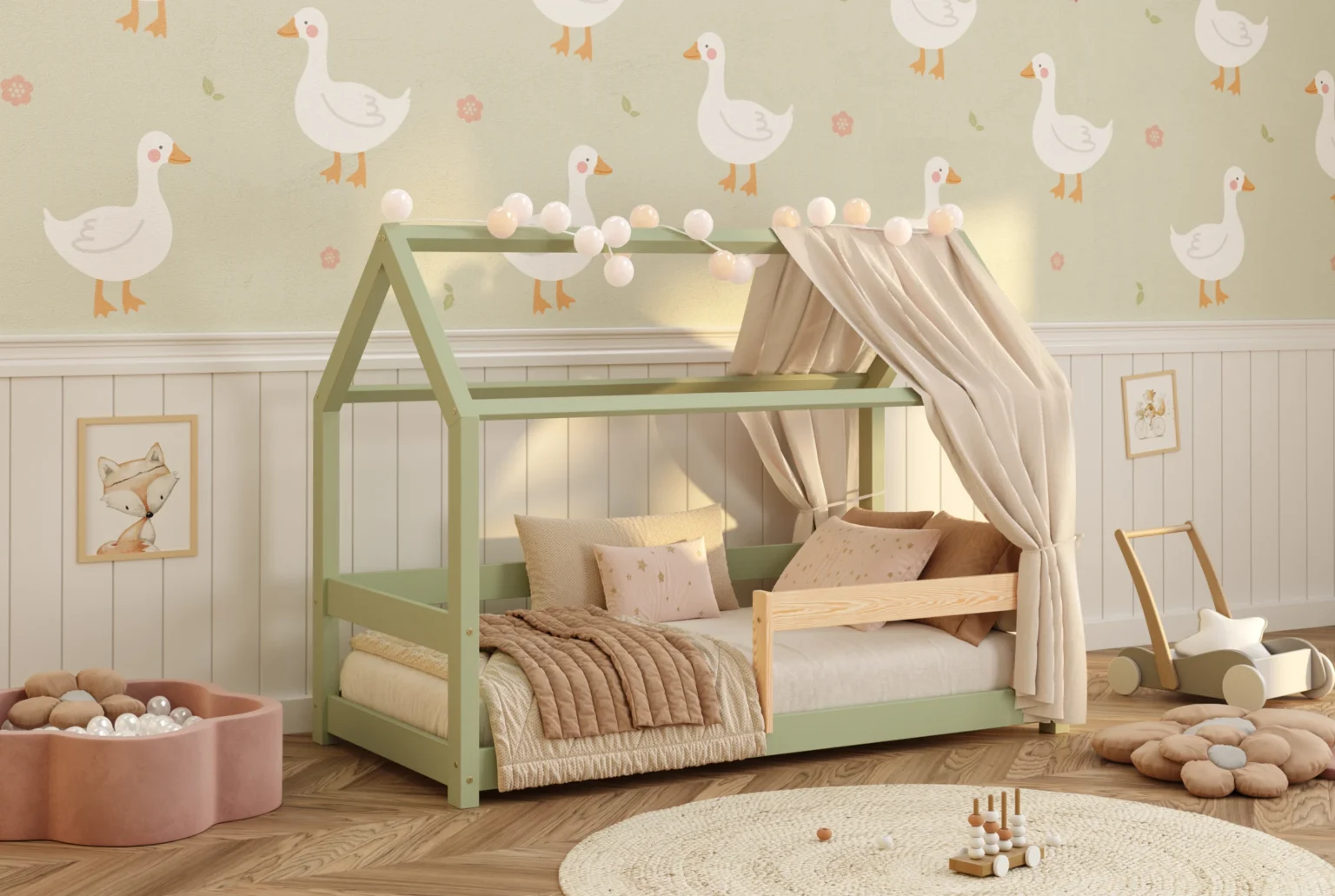 Lit cabane en bois pour enfant avec barrière de sécurité et sommier MILO Montessori