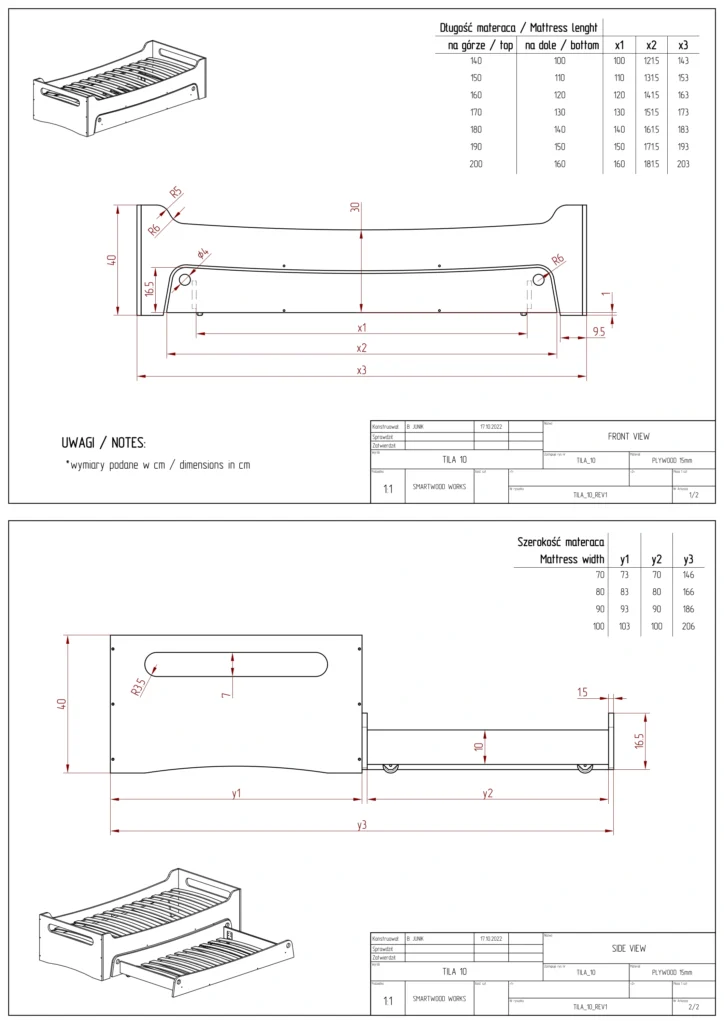 Dessin technique du lit TILA 10