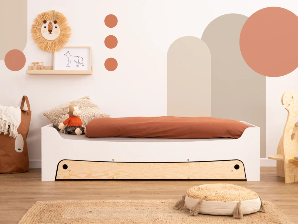 Lit enfant en bois fabriqué en contreplaqué de pin de couleur blanche avec tiroir coulissant