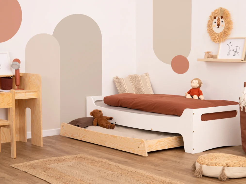 Lit enfant en bois fabriqué en contreplaqué de pin de couleur blanche avec tiroir coulissant