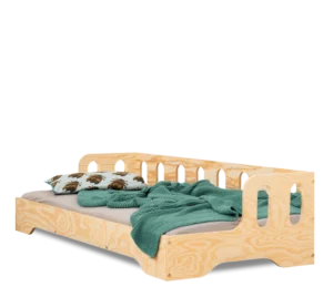 Lit en bois fabriqué en contreplaqué de pin couleur bois naturel avec une barrière à ouvertures ovales