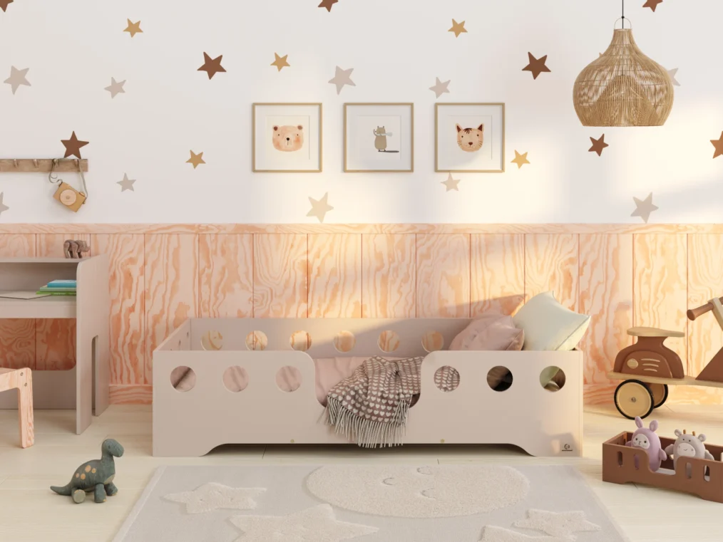 Lit en bois fabriqué en contreplaqué de pin couleur cachemire avec entrée centrale