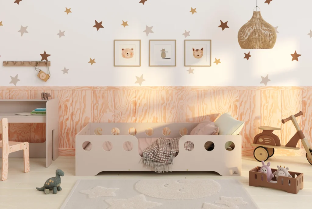 Lit en bois fabriqué en contreplaqué de pin couleur cachemire avec entrée centrale