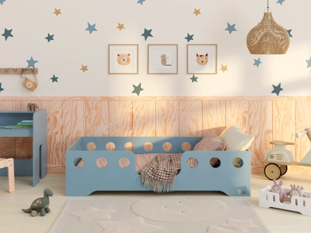 Lit en bois fabriqué en contreplaqué de pin couleur bleu avec entrée centrale