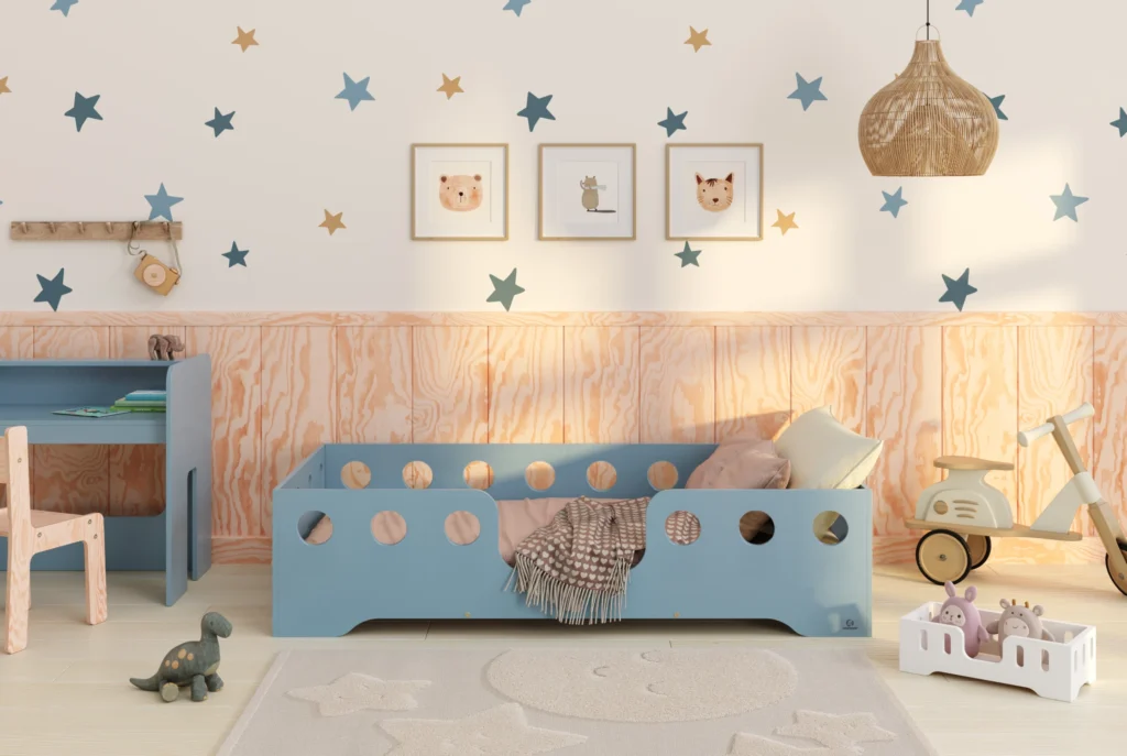 Lit en bois fabriqué en contreplaqué de pin couleur bleu avec entrée centrale