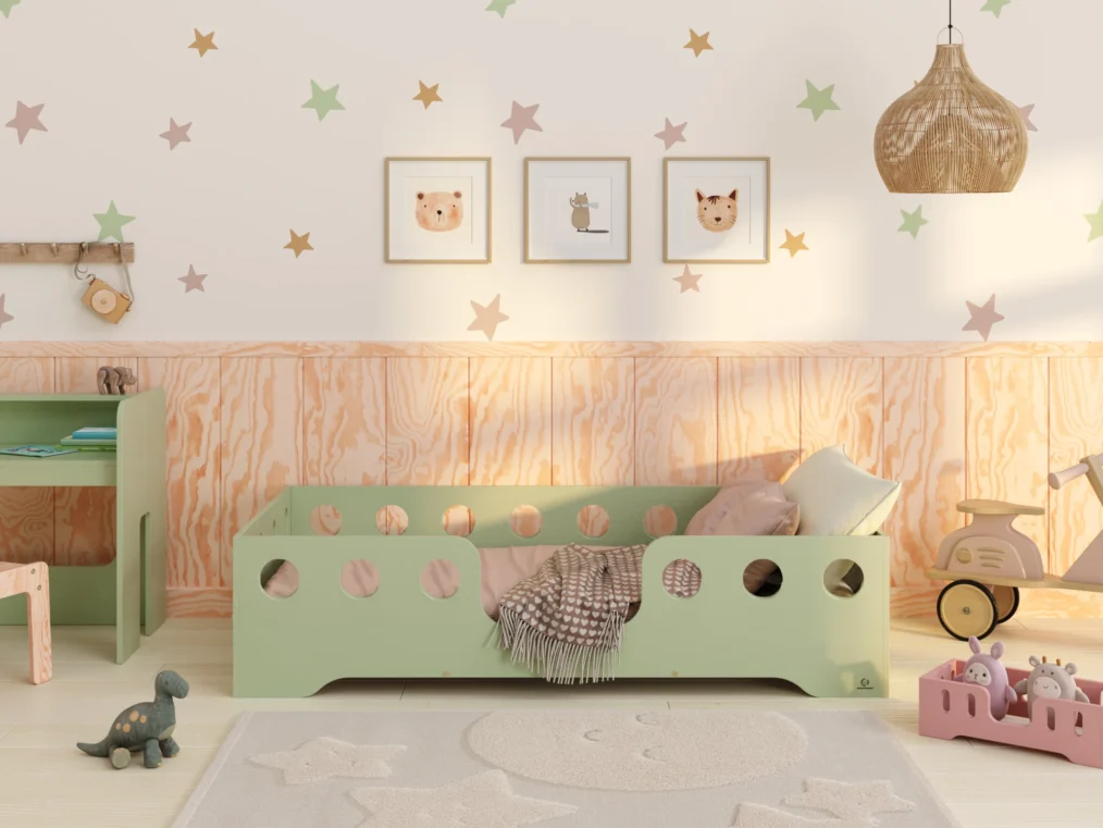 Lit en bois fabriqué en contreplaqué de pin couleur vert avec entrée centrale