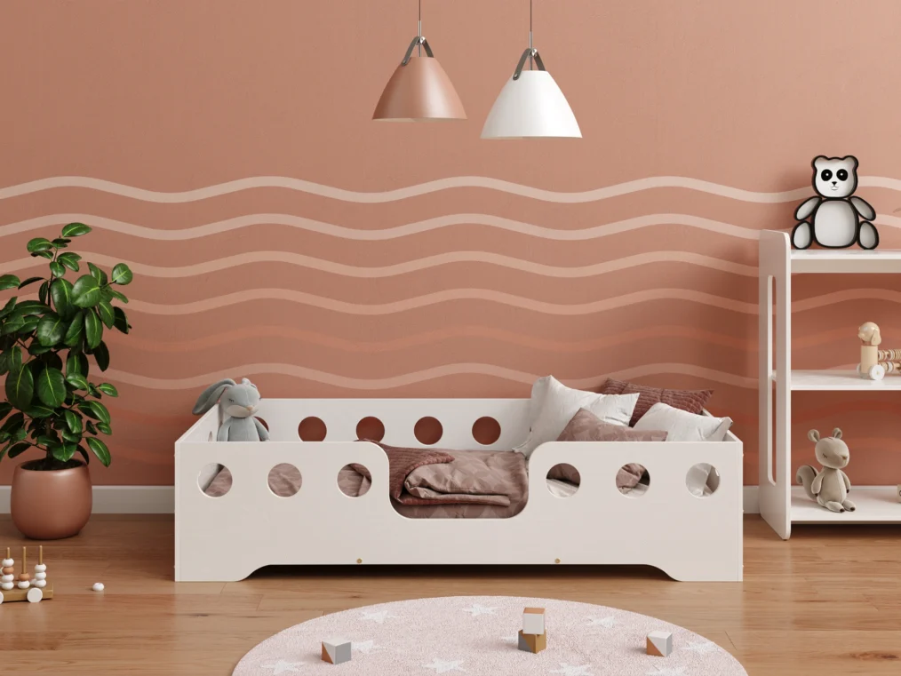 Lit en bois fabriqué en contreplaqué de pin couleur blanc avec entrée centrale