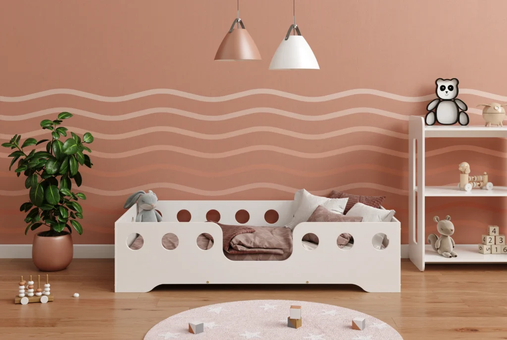 Lit en bois fabriqué en contreplaqué de pin couleur blanc avec entrée centrale