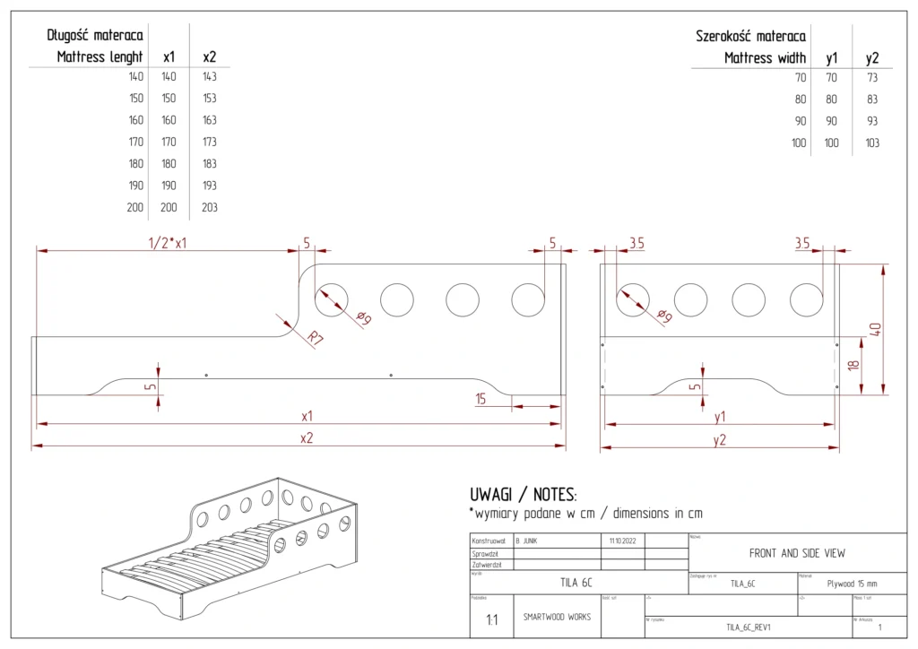 Dessin technique du lit TILA 6C