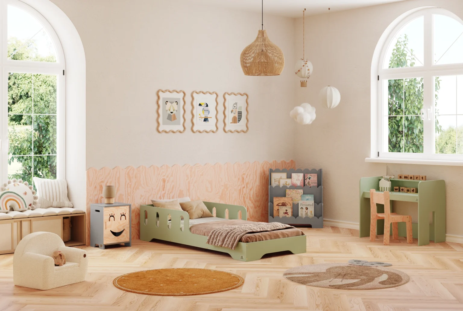 Lit simple enfant en bois avec barrière de sécurité et sommier TILA 6 Montessori