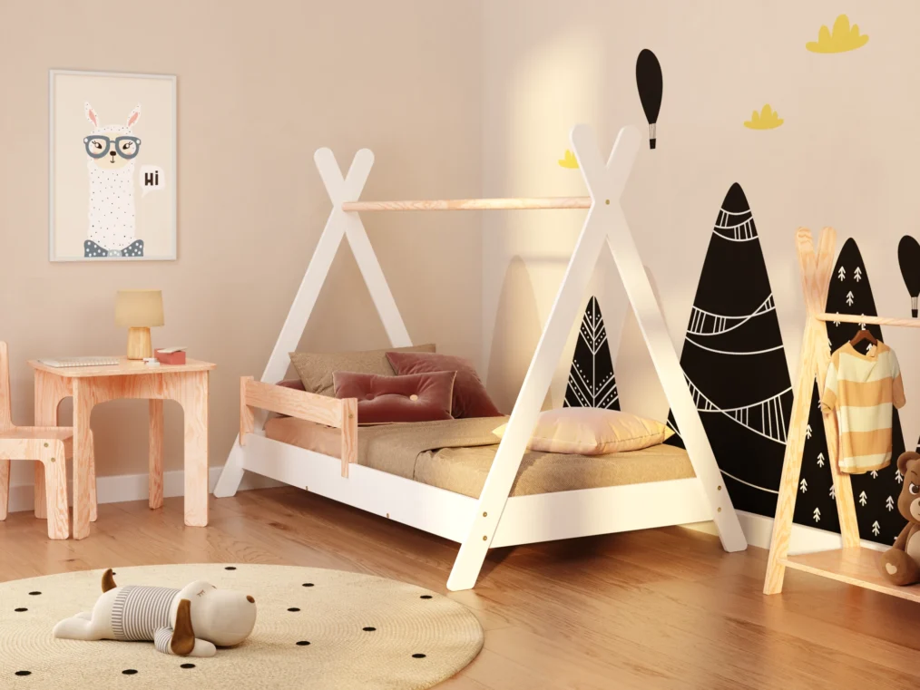 Lit pour enfant en bois de style tipi fabriqué en contreplaqué de pin de couleur blanche avec une barrière latérale