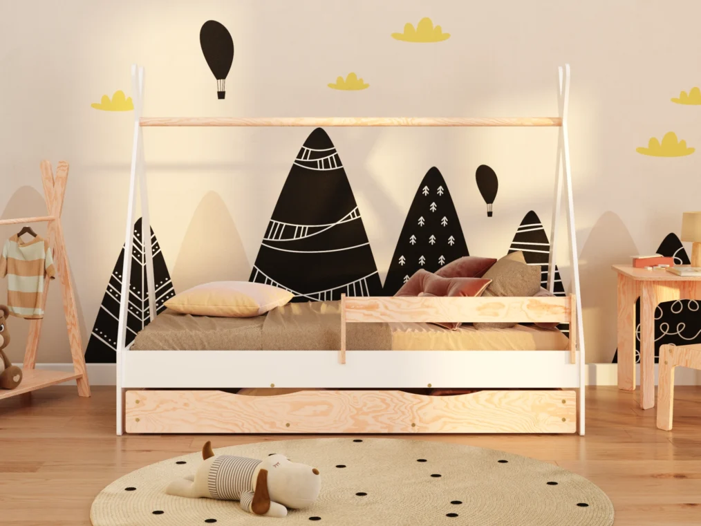 Lit enfant en bois style tipi en contreplaqué de pin couleur blanche avec barrière latérale et tiroir coulissant