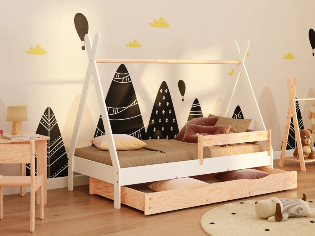 Lit enfant en bois style tipi en contreplaqué de pin couleur blanche avec barrière latérale et tiroir coulissant