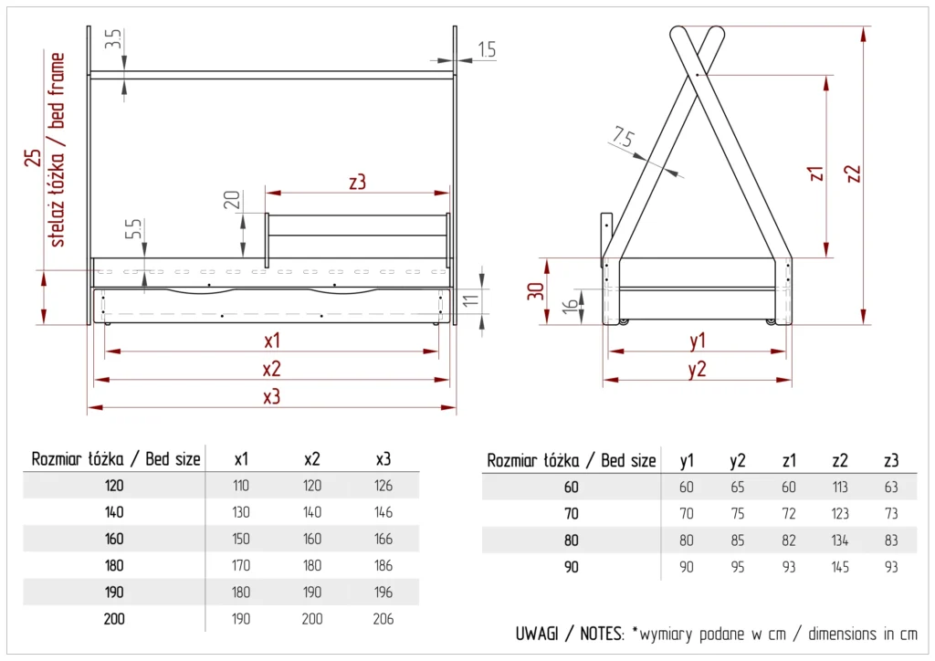 Dessin technique d'un lit cabane TIPI D avec tiroir
