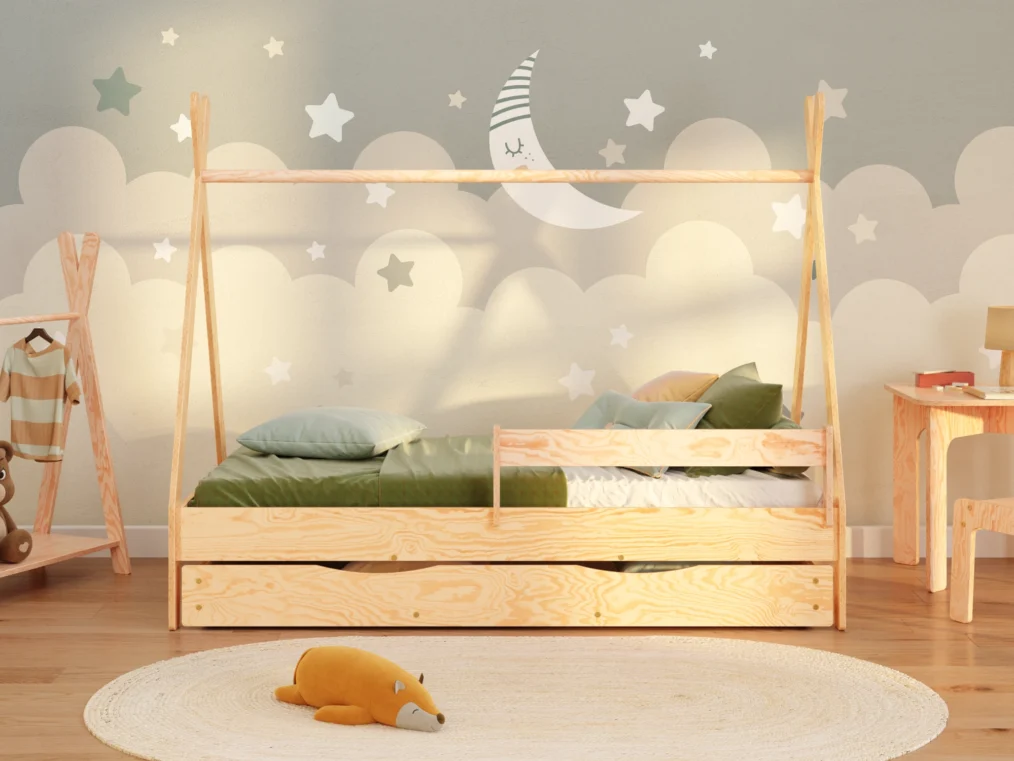 Lit enfant en bois style tipi en contreplaqué de pin couleur bois verni avec barrière latérale et tiroir coulissant