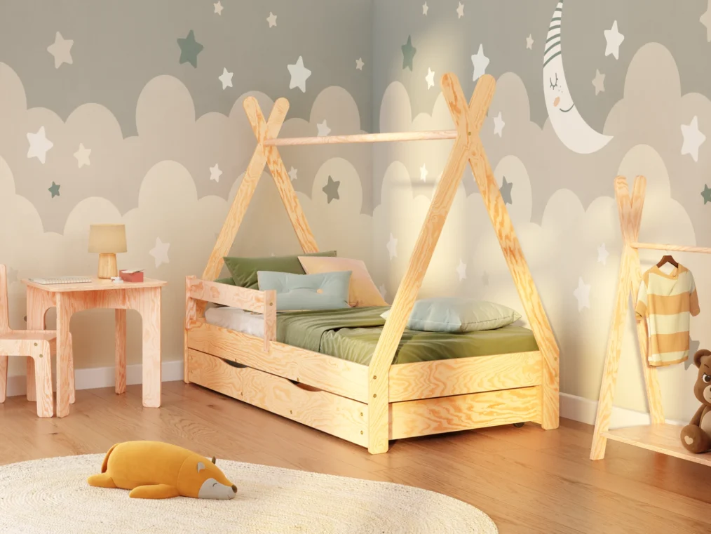 Lit enfant en bois style tipi en contreplaqué de pin couleur bois verni avec barrière latérale et tiroir coulissant