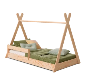 Lit enfant en bois de style tipi en contreplaqué de pin couleur bois naturel avec barrière latérale