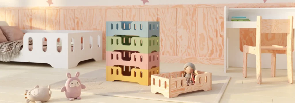 Lit en bois pour poupées en couleur bois naturel et pile de lits pour poupées en bleu, vert, rose et moutarde