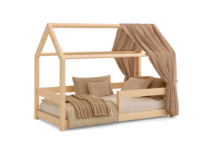 Lit en bois pour enfants en forme de maison fabriqué en bois de pin de couleur bois naturel avec des barrières latérales