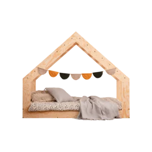 Lit enfant en forme de maison en fabriqué contreplaqué de pin couleur bois naturel avec une fenêtre dans le toit